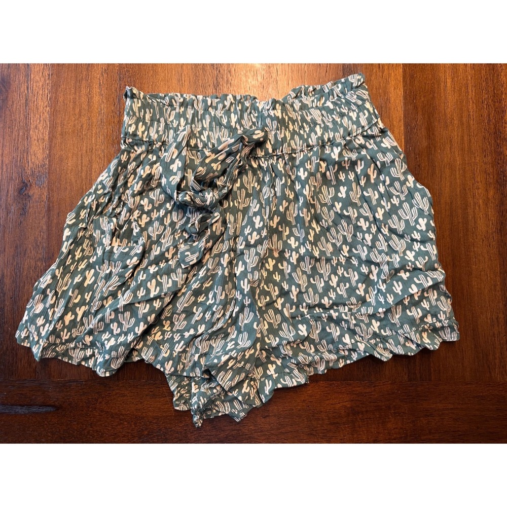 Angie Womens Cactus Print Paperbag Waist Shorts Teal Green Ruffle Hem XS